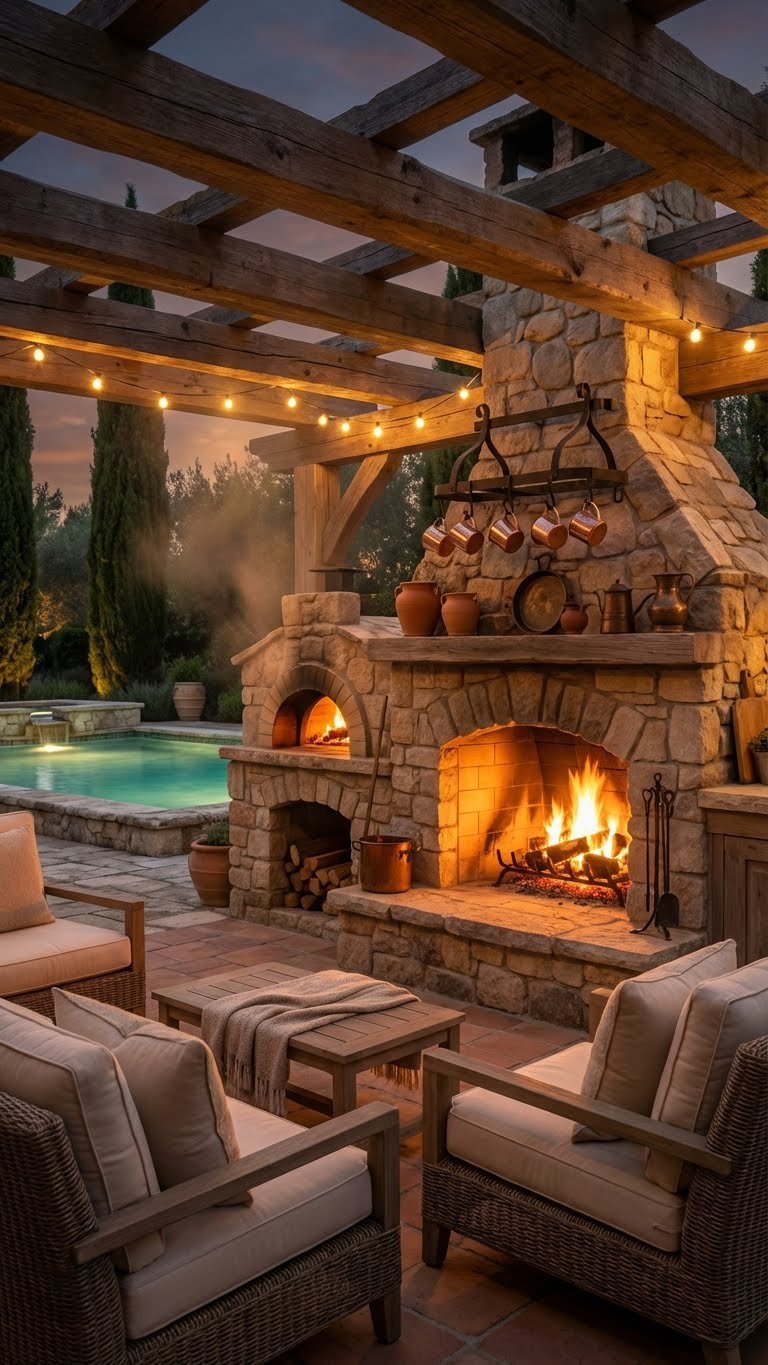Outdoor Kitchen Pool Area Design Ideas For Luxury Entertaining 10 Rustic outdoor kitchen with stone fireplace and wood-fired pizza oven near Roman-style pool at dusk