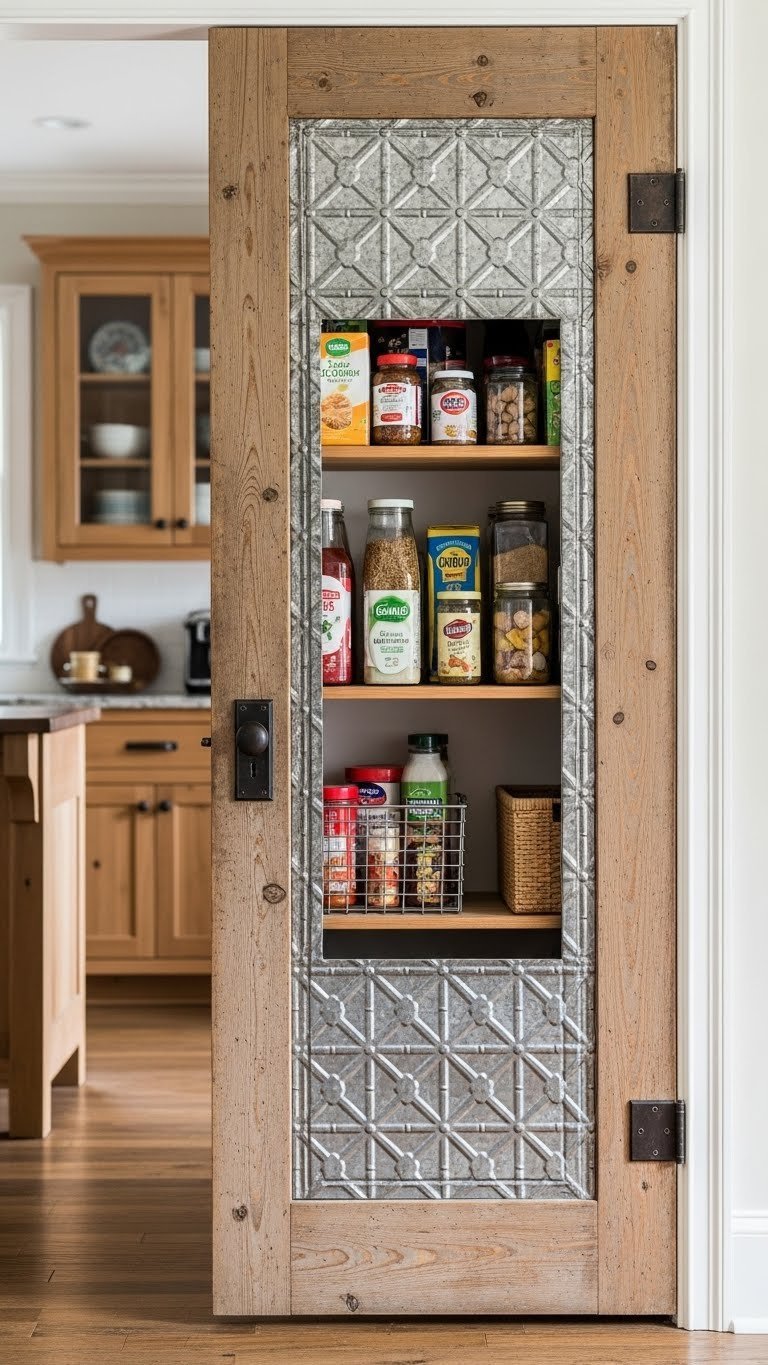 Rustic pantry door with tin panel insert showing textured metal and glimpse of organized pantry contents in daylight.