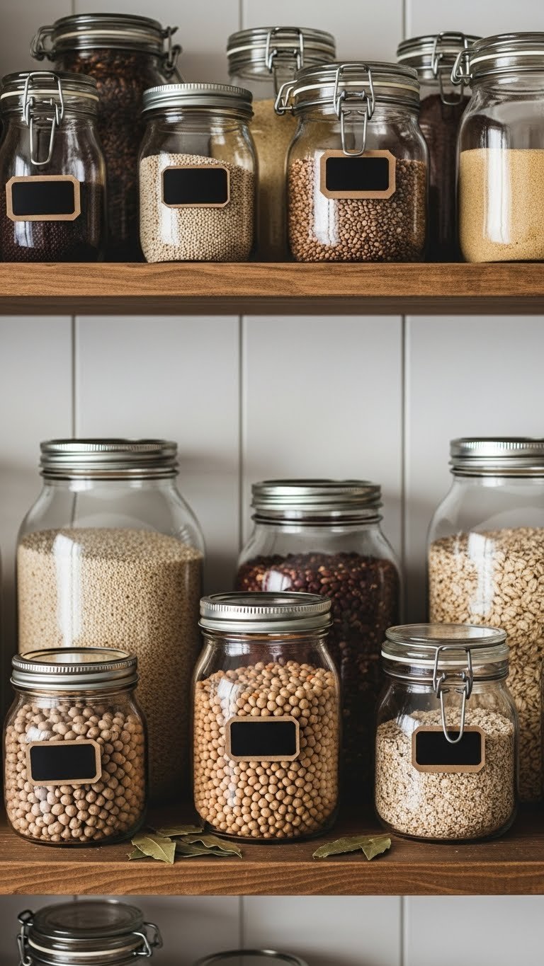 7 Essential Mason Jar Pantry Ideas: Organize Kitchen Smarter 5 Rustic pantry shelf featuring large clear mason jars filled with quinoa, lentils, chickpeas, and oats on a wooden shelf.