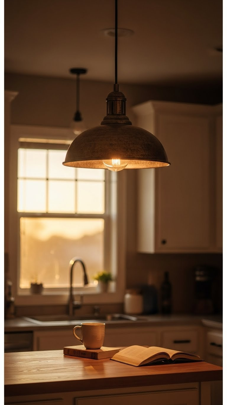 Rustic pendant light with distressed metal shade casting warm glow over small wooden island in cozy farmhouse kitchen.