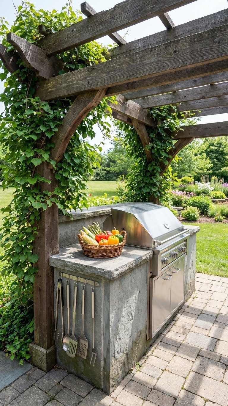 Rustic pergola-covered grilling station with stainless steel grill set into weathered stone countertop and climbing ivy.
