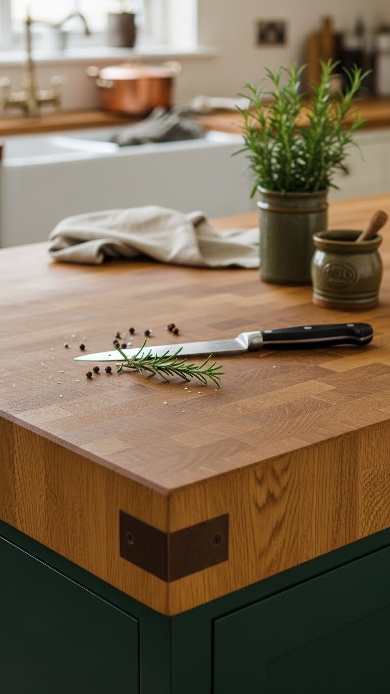 Rustic reclaimed oak butcher block countertop with deep wood grain on dark green shaker cabinets in soft natural lighting