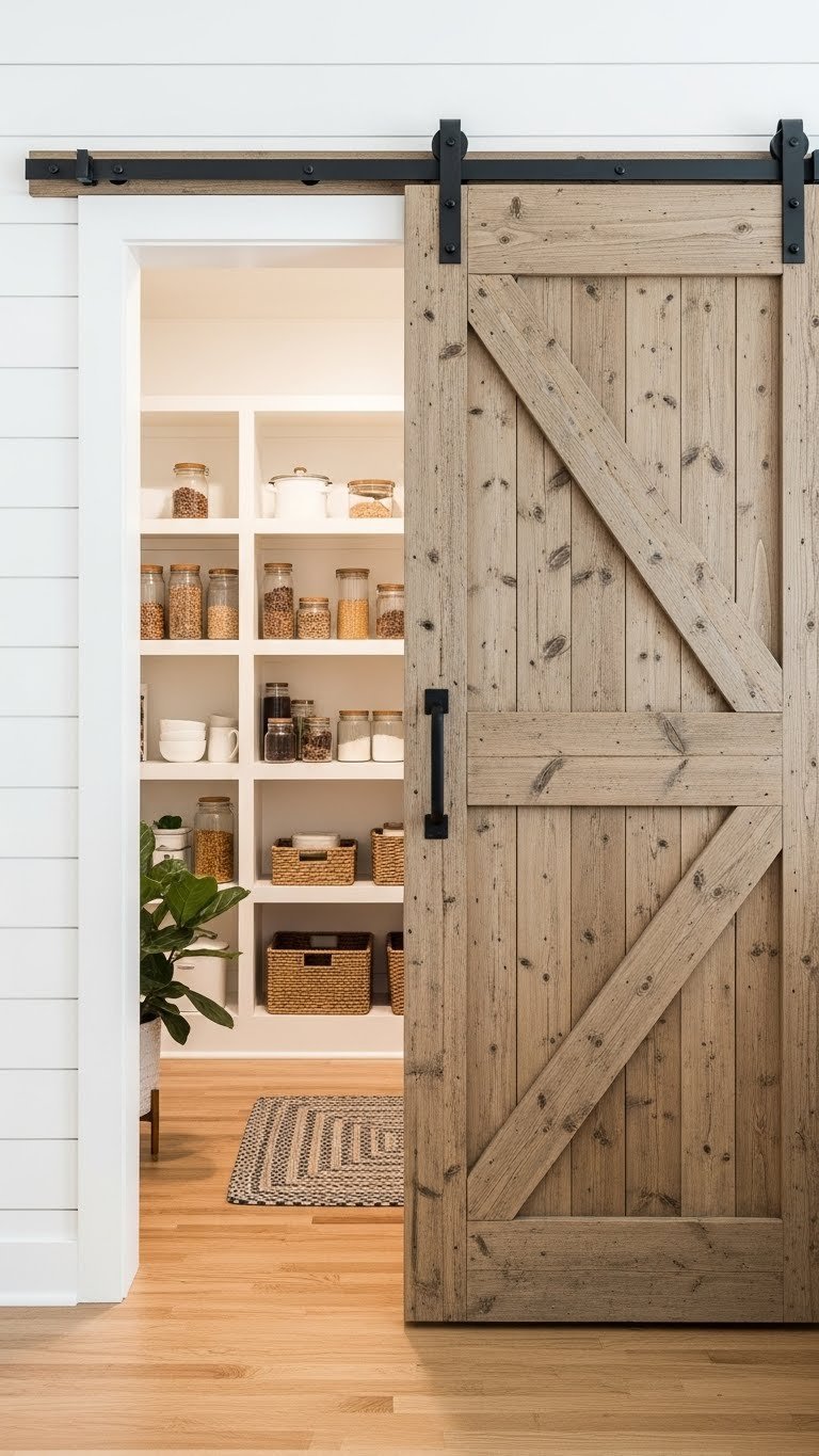 11 Farmhouse Kitchen Pantry Ideas: Design, Organize, &Amp; Style 9 Rustic reclaimed wood barn door with black iron hardware partially open to a cozy farmhouse pantry with shiplap walls.