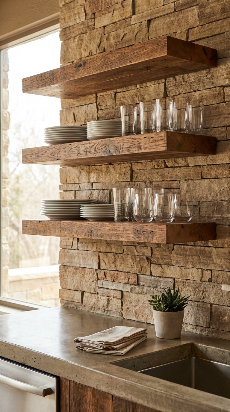 Rustic reclaimed wood floating shelves with plates and glasses on stone wall