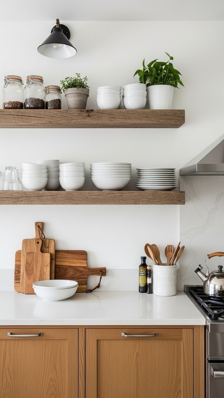 Rustic reclaimed wood open shelving displaying white ceramic dishes in bright kitchen setting