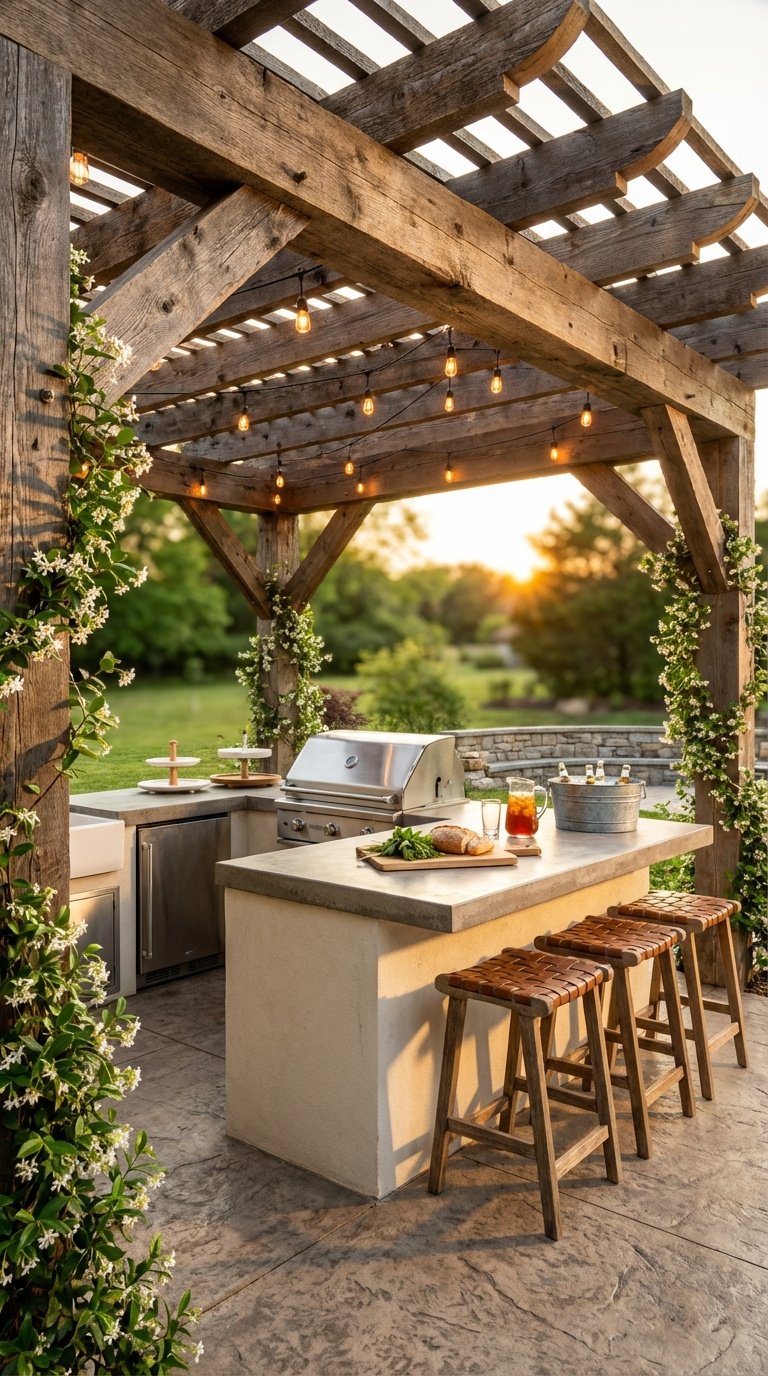 Outdoor Kitchen Modern Farmhouse 11 Stunning Design Ideas 3 Rustic reclaimed wood pergola providing shade over outdoor kitchen island with golden hour lighting