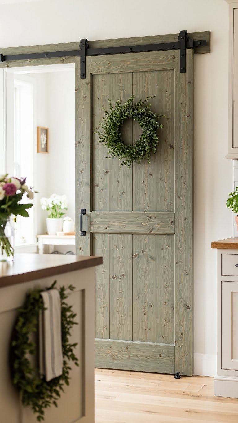 Rustic sage green sliding barn door on a black metal track, providing space-saving pantry access in a cozy farmhouse kitchen.