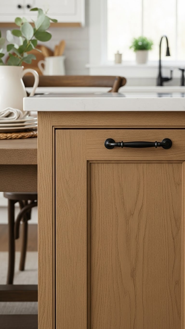 Rustic shaker style kitchen cabinets in medium-stained hickory with clean profiles and natural wood grain