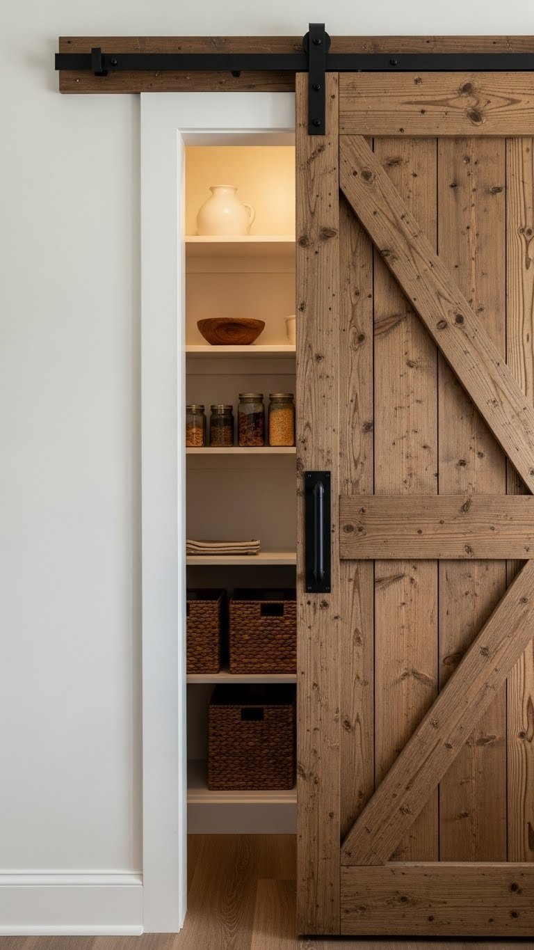 Rustic sliding barn door pantry in a chic kitchen, revealing an organized interior with weathered wood texture.