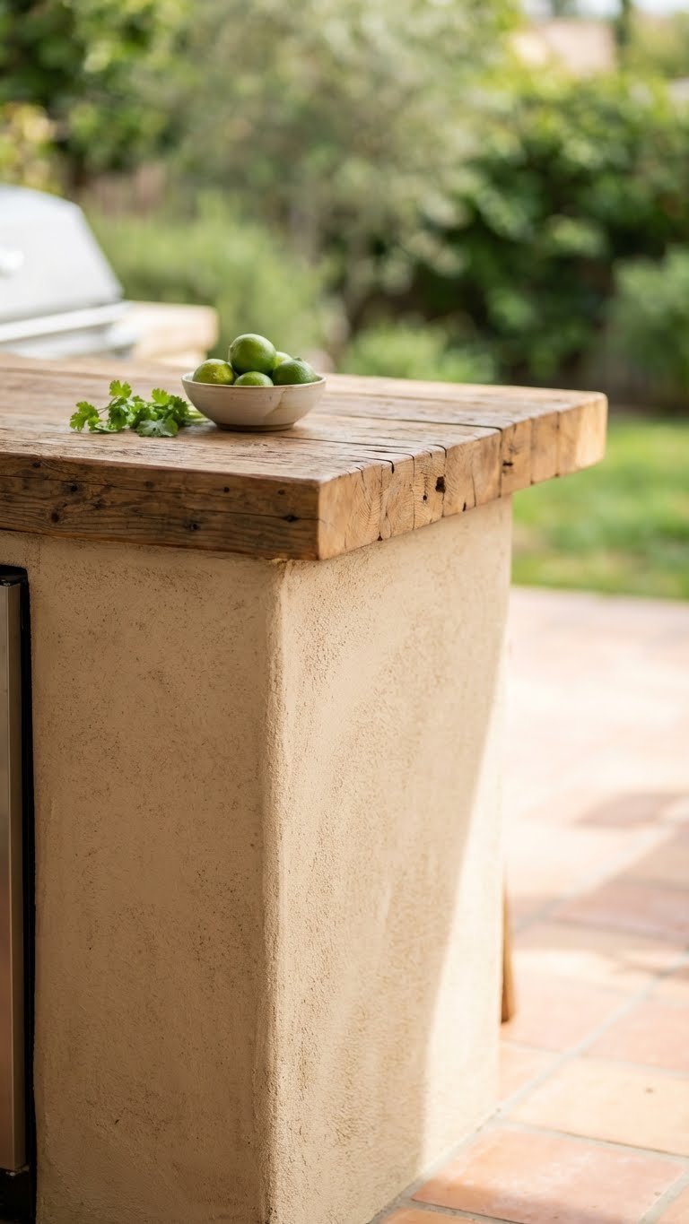 Outdoor Kitchen Mexican Style Ideas For Authentic Entertaining 3 Rustic stucco outdoor kitchen island with reclaimed wood countertop and fresh lime bowl in backyard patio setting.