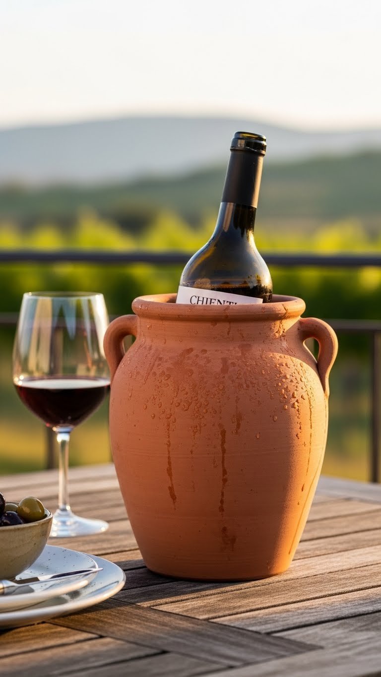Rustic terracotta wine cooler with Chianti bottle on outdoor patio table during golden hour