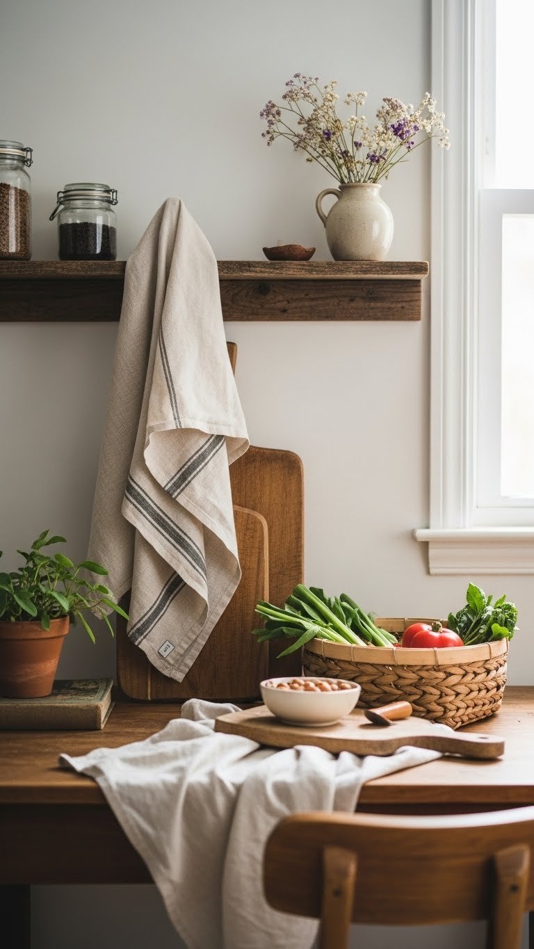 Rustic textiles including linen towels and woven baskets arranged on wooden surfaces