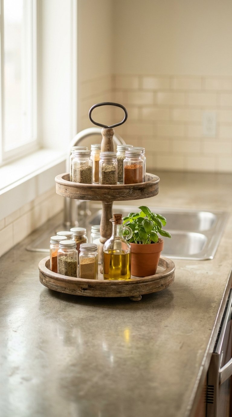 Rustic tiered tray with spices and condiments on concrete countertop