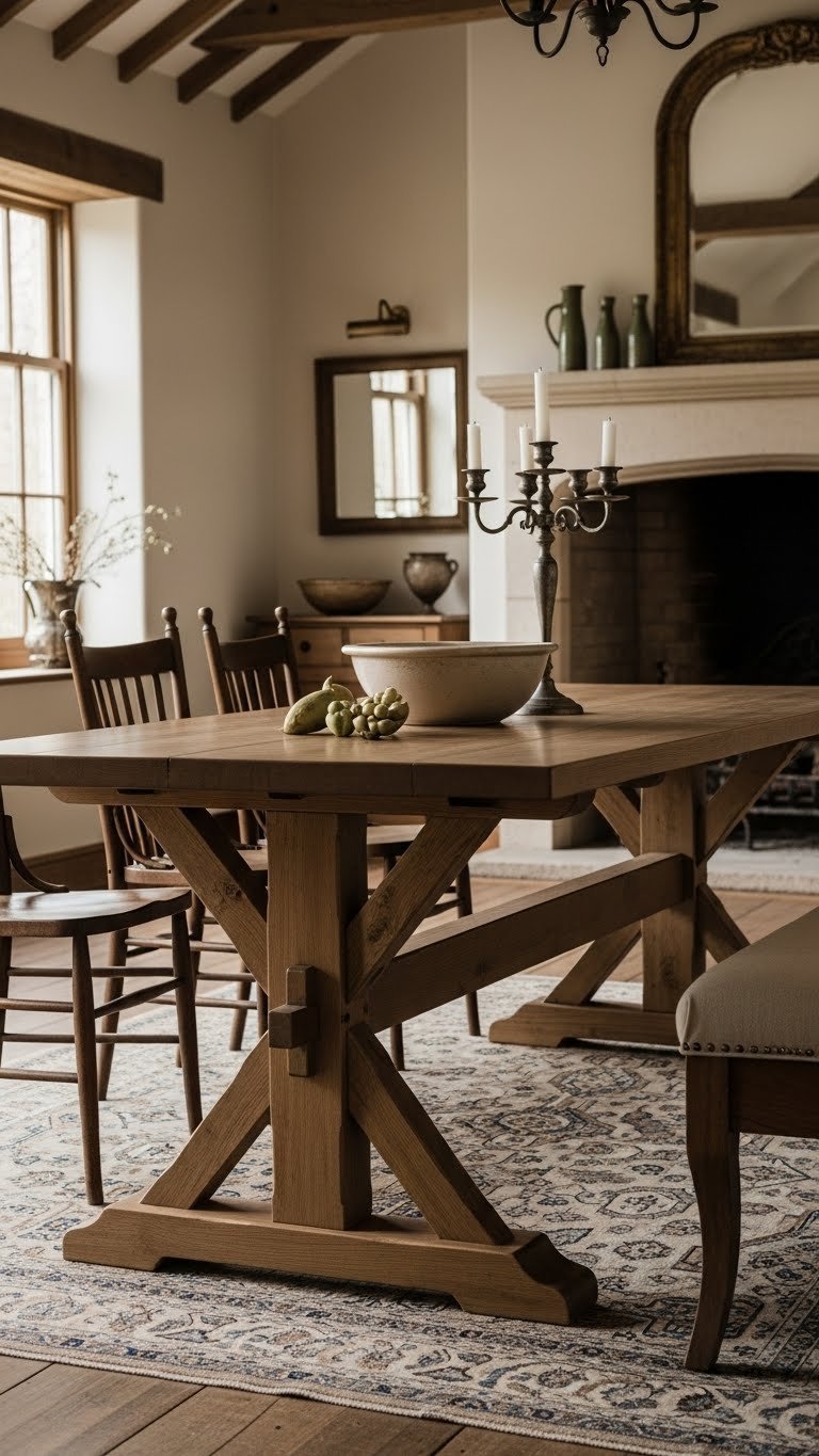Rustic trestle table with architectural base in grand farmhouse dining room with exposed beams and stone fireplace