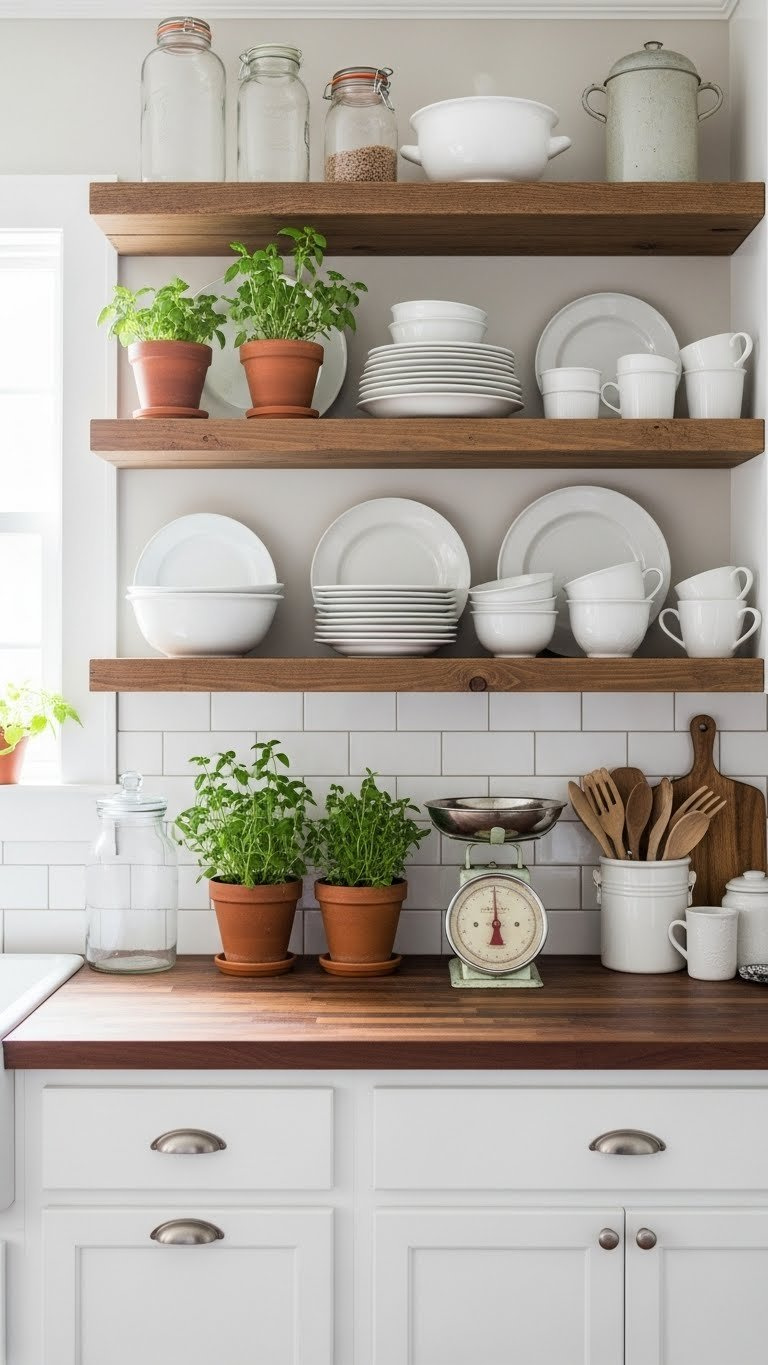 Rustic white kitchen with open reclaimed wood shelves displaying vintage dishware and herbs on dark butcher block countertop.