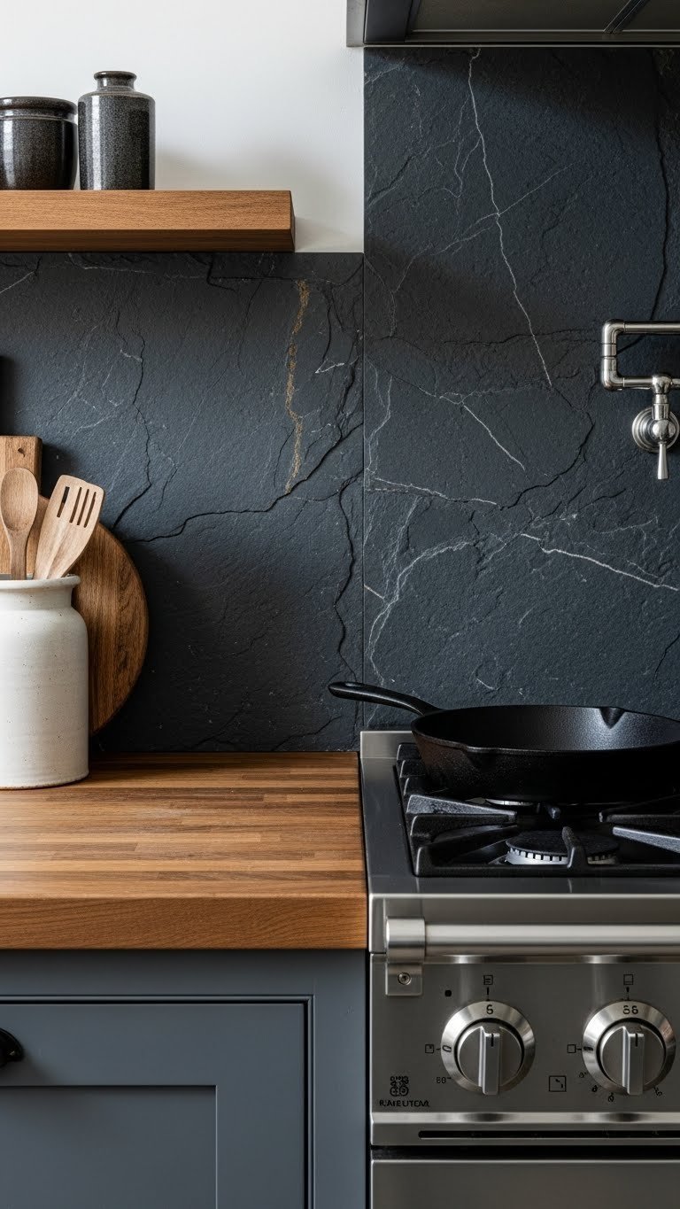 Rustic wood counter, dark slate backsplash. Natural textures, bright daylight, charming cottagecore kitchen.
