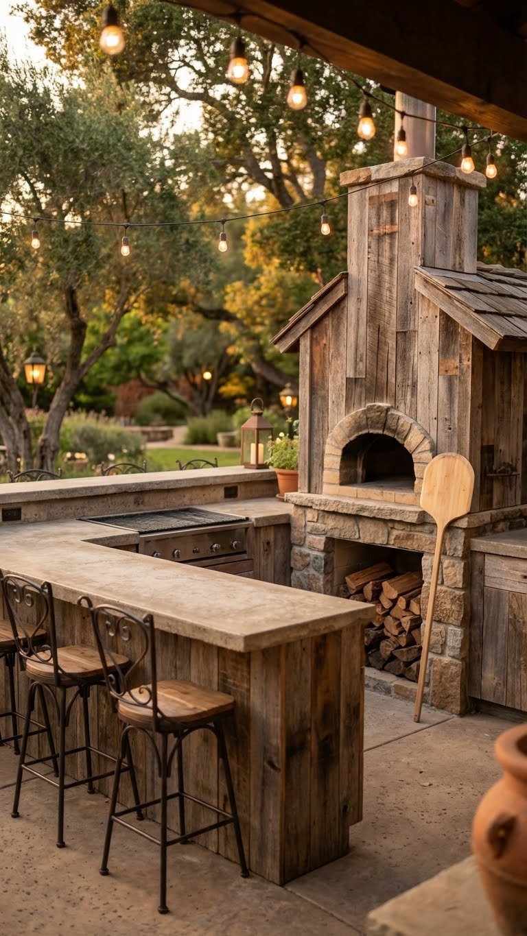 U-Shaped Outdoor Kitchen Design: 7 Ideas For Your Backyard 5 Rustic wood-fired U-shaped outdoor kitchen with pizza oven, stone countertops, and cozy bar seating in natural setting.