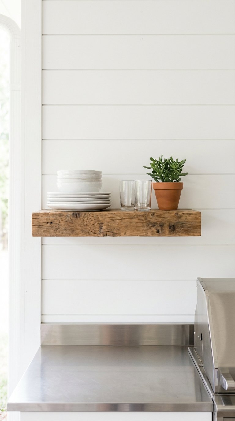 Outdoor Kitchen Modern Farmhouse 11 Stunning Design Ideas 15 Rustic wood floating shelves on white shiplap wall with styled white ceramic dinnerware