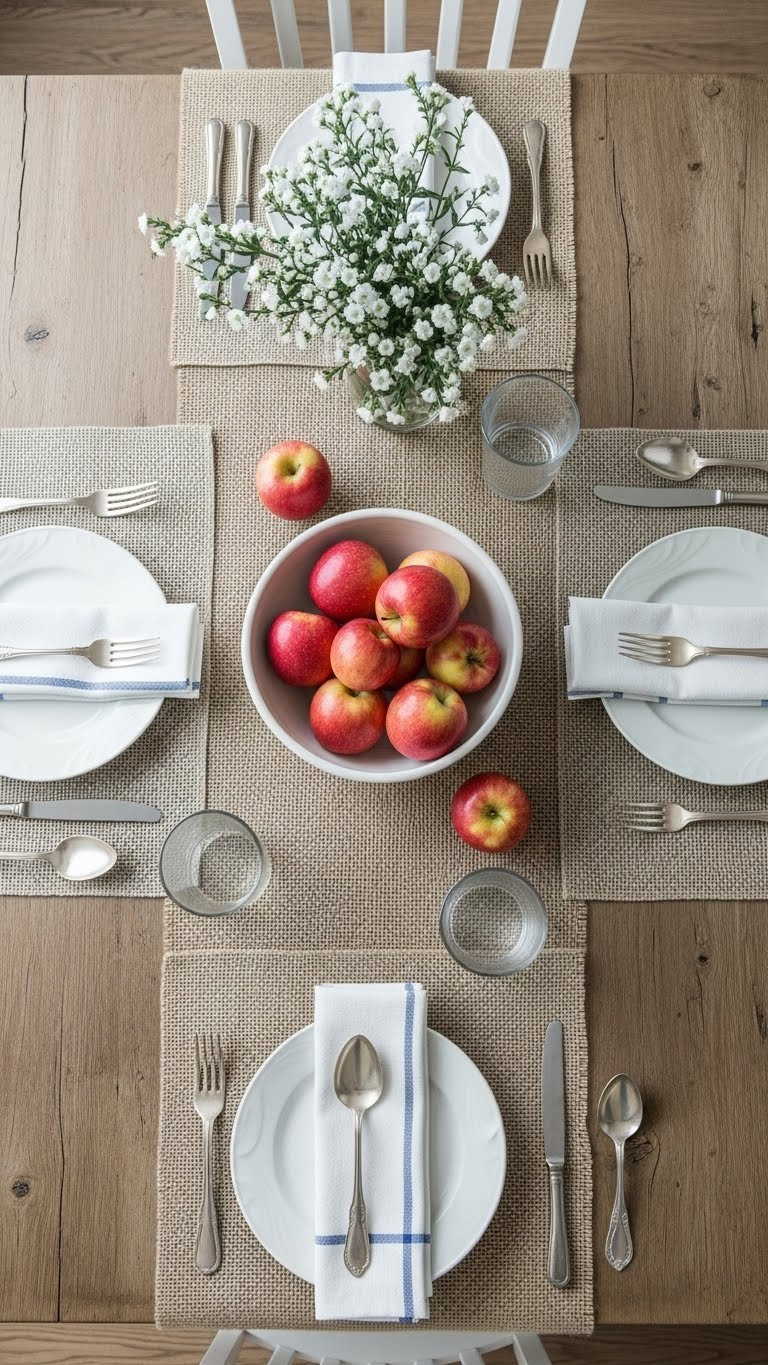Rustic wooden dining table with linen placemats, burlap runner, and bowl of fresh apples in flat lay