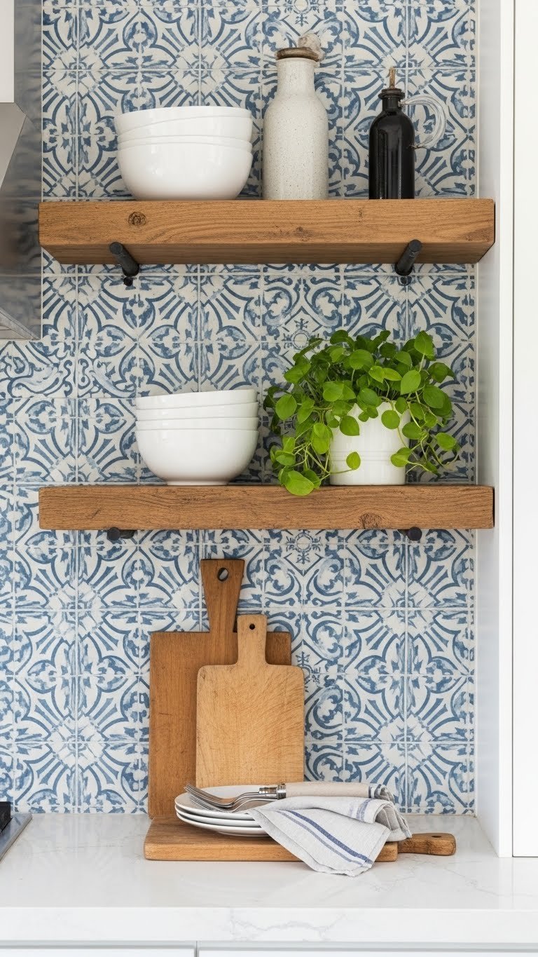Rustic wooden open shelves against blue and white encaustic tile backsplash with ceramic bowls