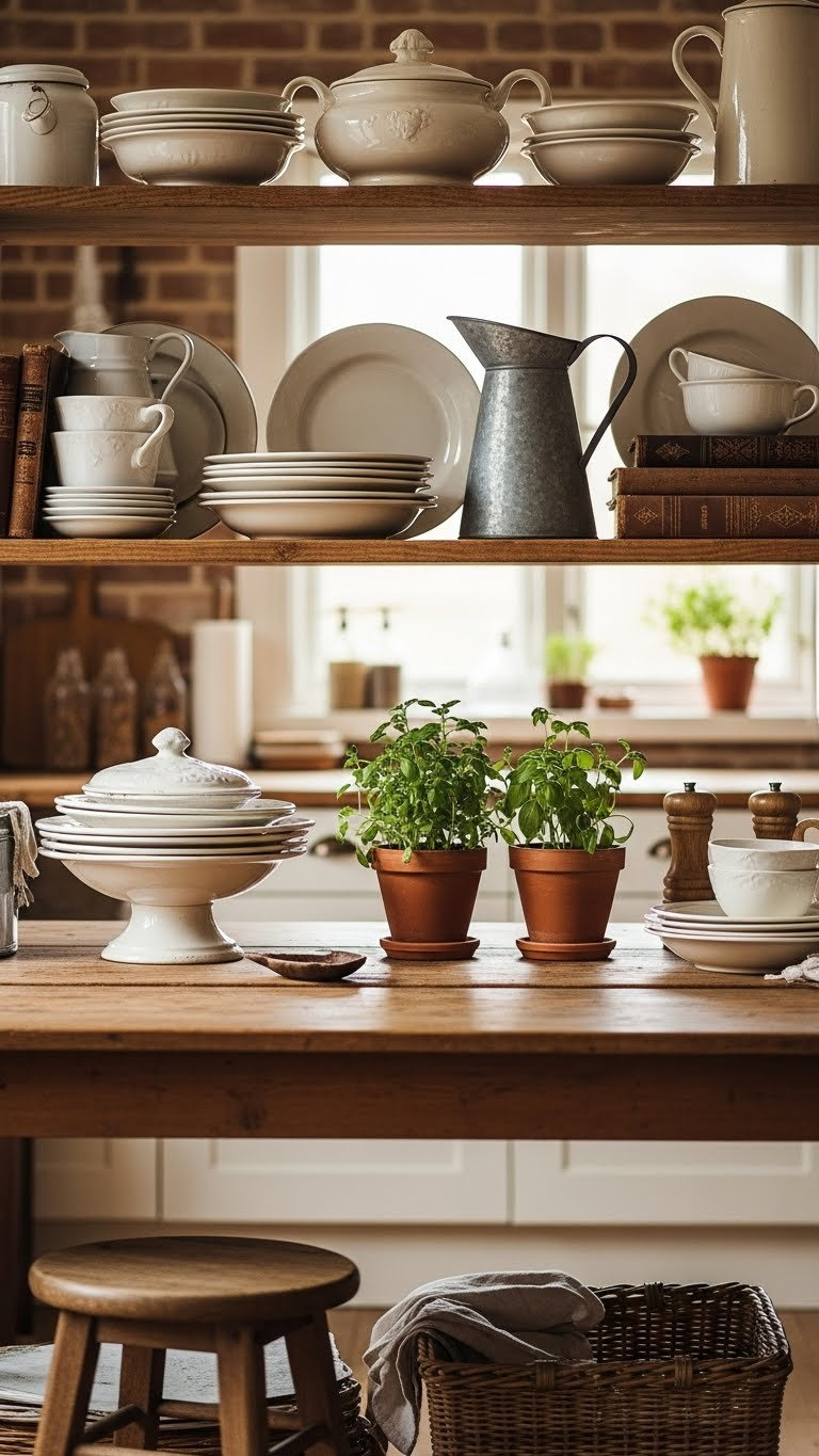 Rustic wooden open shelving displaying vintage ceramic dishes and cookbooks in kitchen