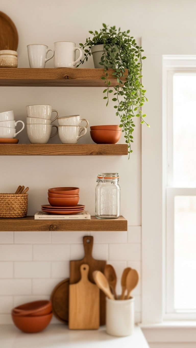 Rustic wooden open shelving with curated ceramic mugs, terracotta bowls, and trailing plant against creamy white wall