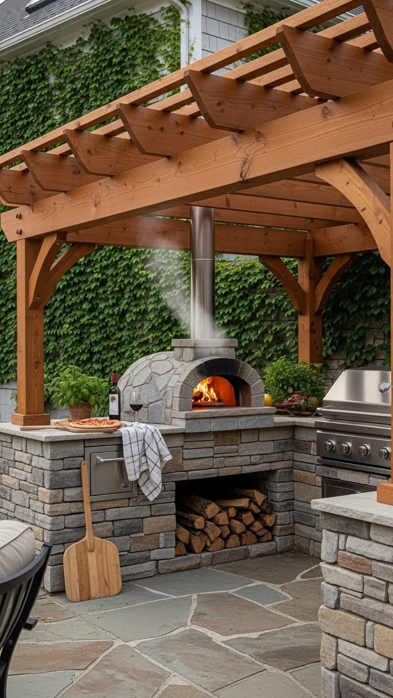 Rustic wooden pergola attached to home sheltering pizza oven with steam rising from fresh pizza