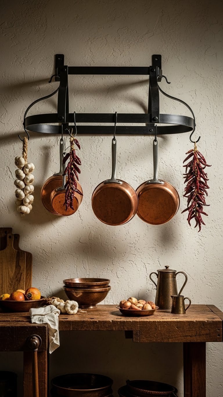 Rustic wrought iron pot rack with gleaming copper pots hanging on textured plaster wall in old-world kitchen