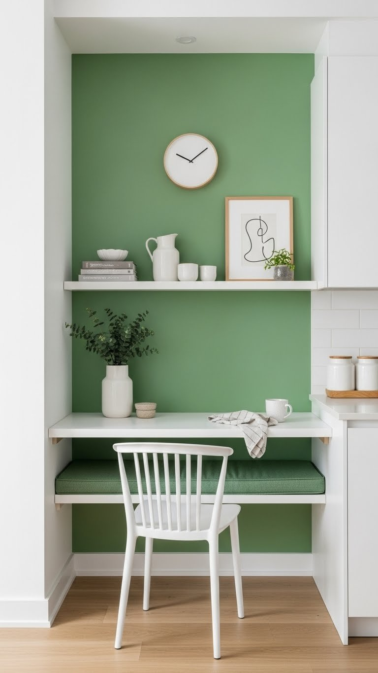 Sage green accent wall with floating shelves and minimalist decor in small kitchen space