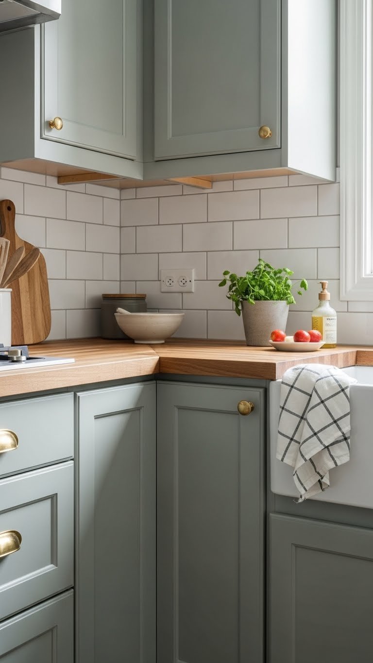 Sage green kitchen cabinets with brass hardware, butcher block countertops, and white subway tile backsplash creating texture harmony