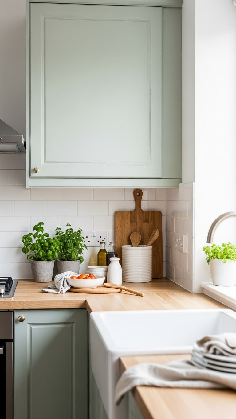 Sage green kitchen cabinets with light wood countertops, potted herbs, and white ceramic dishes in soft natural light.