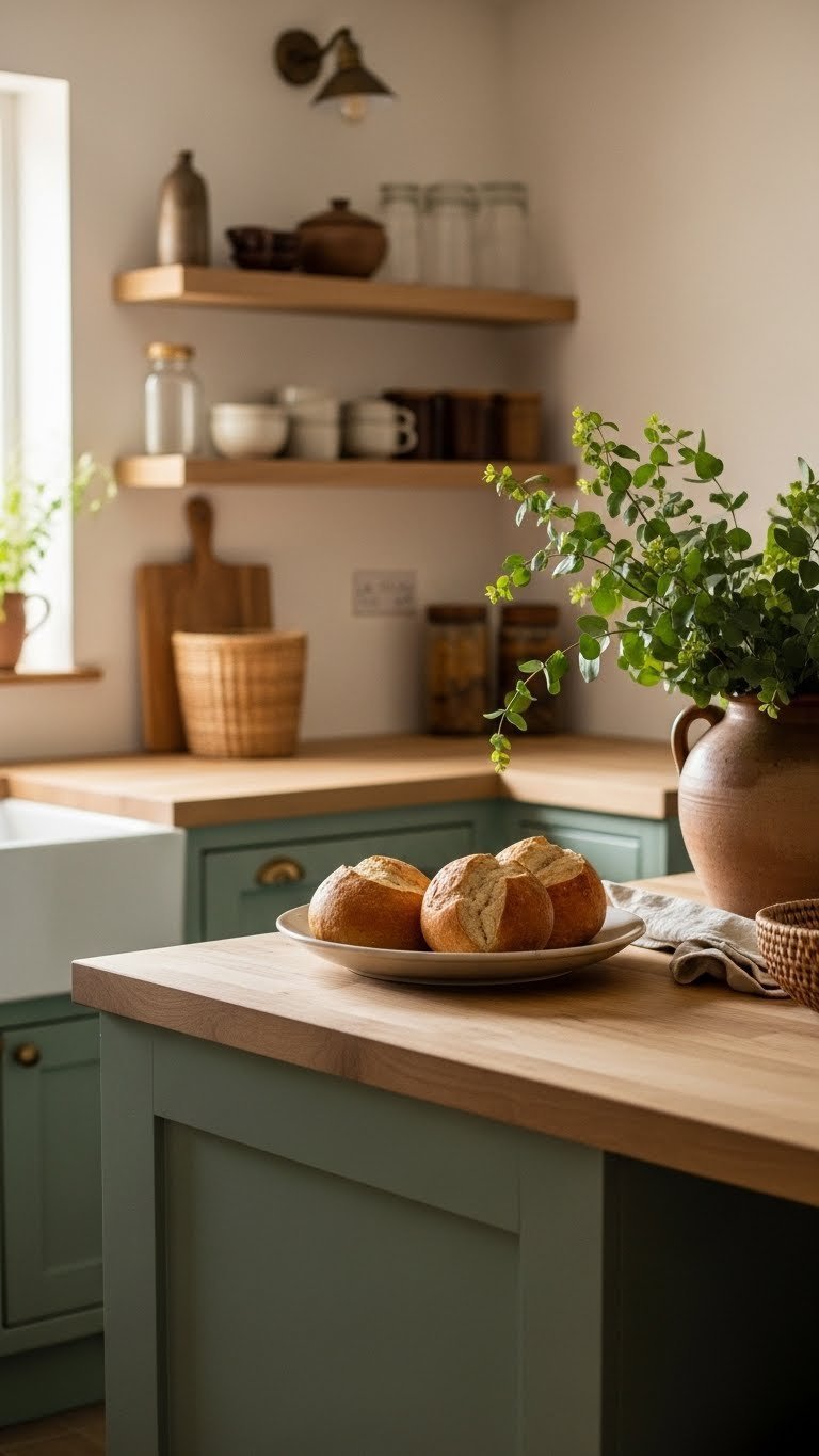 Sage green kitchen island with wood shelves, woven basket and greenery in warm golden hour light