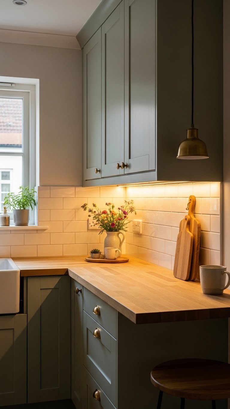 Sage green kitchen with under-cabinet LED lighting and brass pendant light over breakfast bar