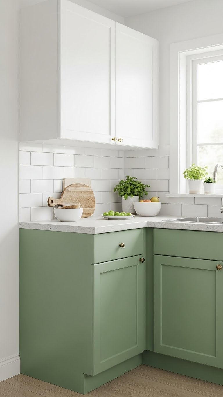Sage green lower cabinets paired with white upper cabinets in a nature-inspired compact kitchen with wooden cutting board