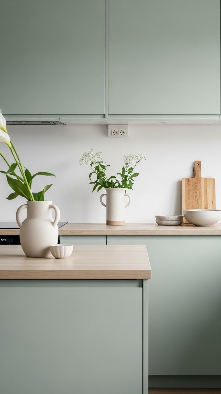 Sage green minimalist kitchen cabinets with handleless design on light birch countertop featuring white flowers and natural wood cutting board