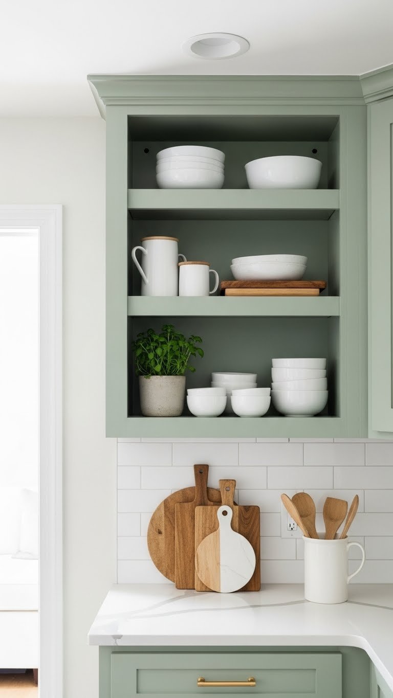 Sage green open shelving with white ceramics and wooden cutting boards in a bright minimalist kitchen interior