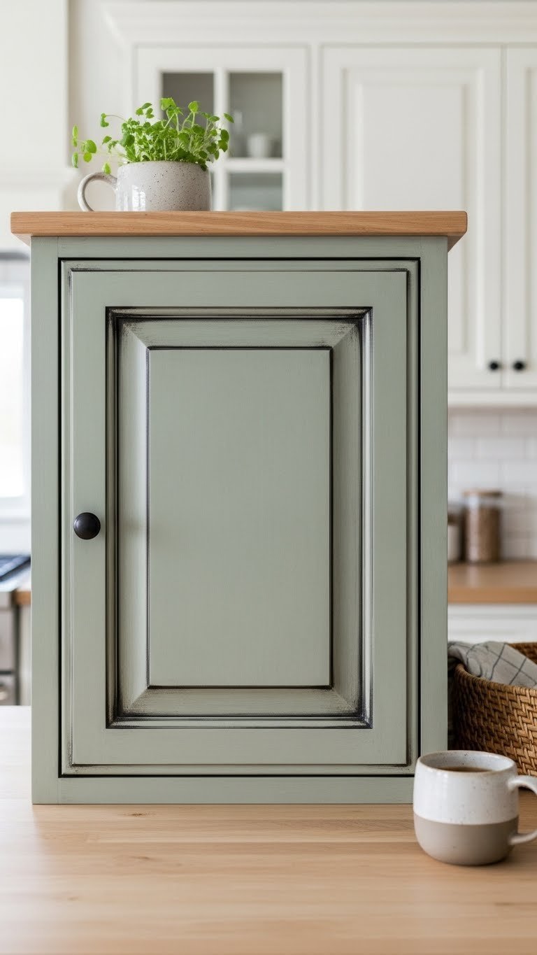 Sage green painted rustic kitchen cabinets with dark glaze on panels creating depth and textured appearance