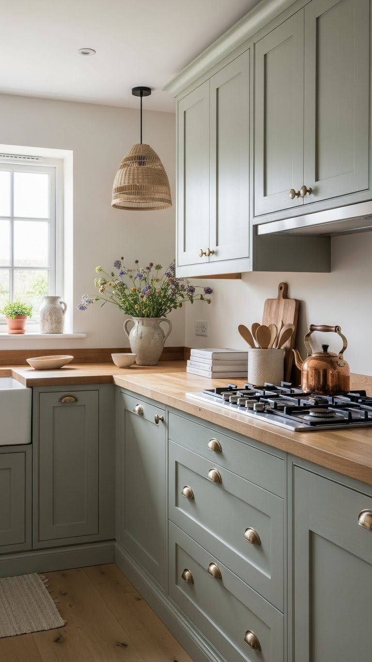 Sage green shaker cabinets with light wooden countertops featuring dried wildflowers and copper kettle in rustic kitchen setting