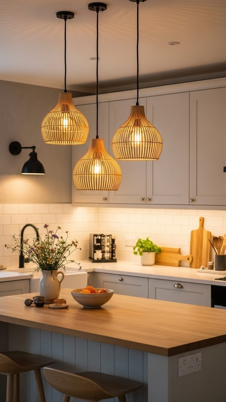9 Scandi Boho Kitchen Ideas: Create Your Dream Cozy Space 9 Scandi Boho kitchen island lit by rattan pendant lights and matte black sconce creating warm ambiance