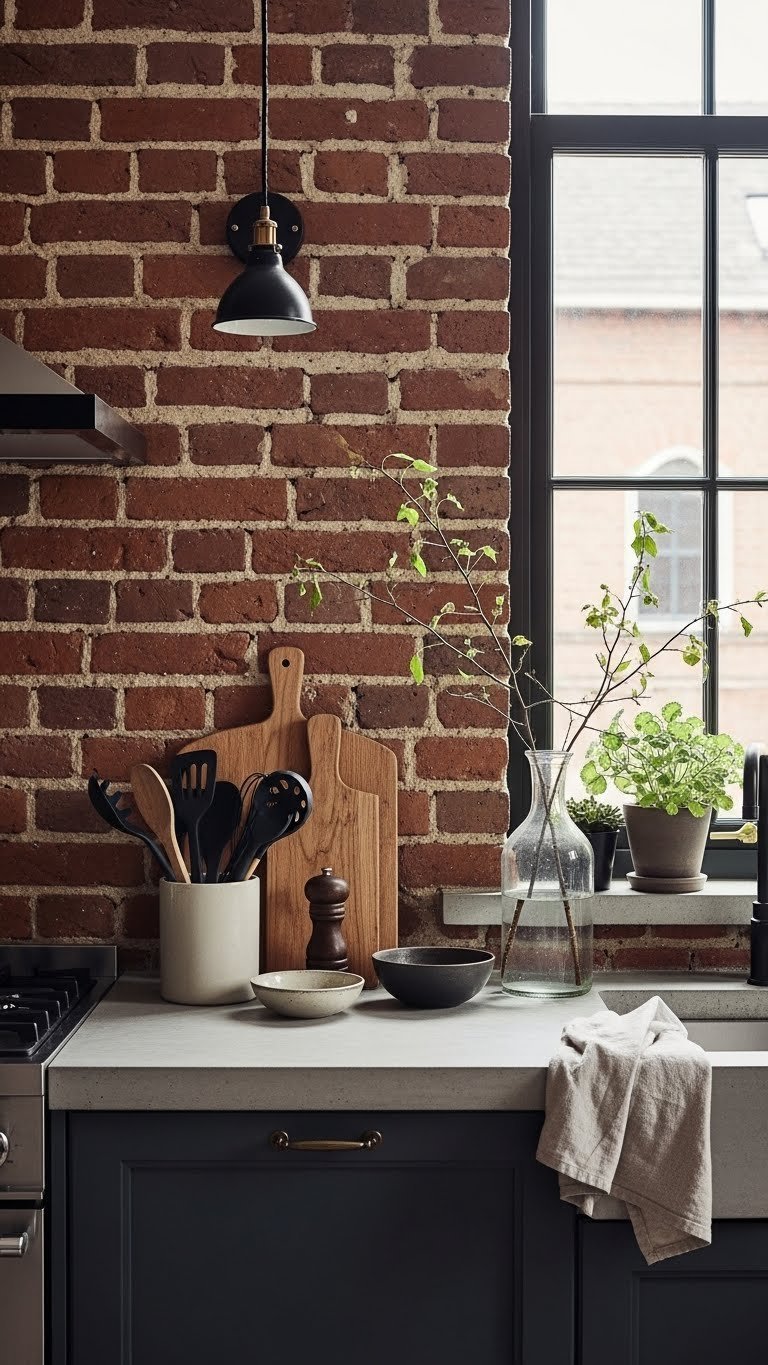 Scandi Industrial Kitchen Design: 9 Proven Ways To Maximize Style 1 Scandi industrial kitchen with exposed brick wall backsplash and polished concrete countertop featuring dark metal utensils