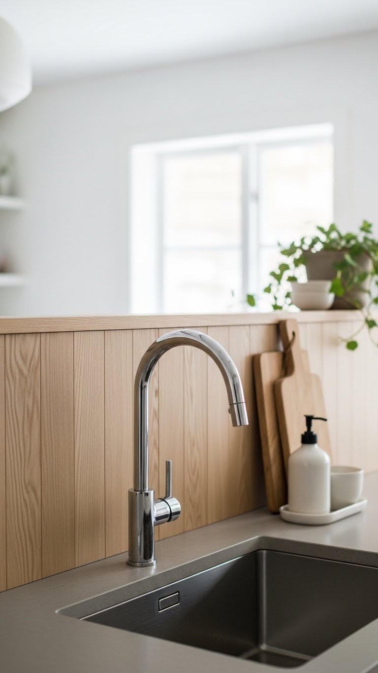 Scandi kitchen backsplash with natural wood panels behind stainless steel sink featuring ceramic soap dispenser and cutting board on concrete countertop.