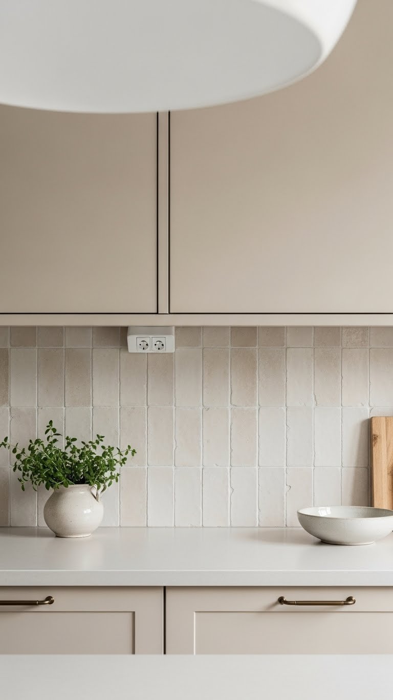 Scandi kitchen backsplash with textured zellige tiles behind beige countertop in bright daylight