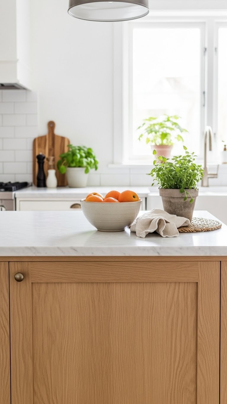 Scandi kitchen close-up showcasing light wood cabinetry with natural grain texture and soft natural window lighting