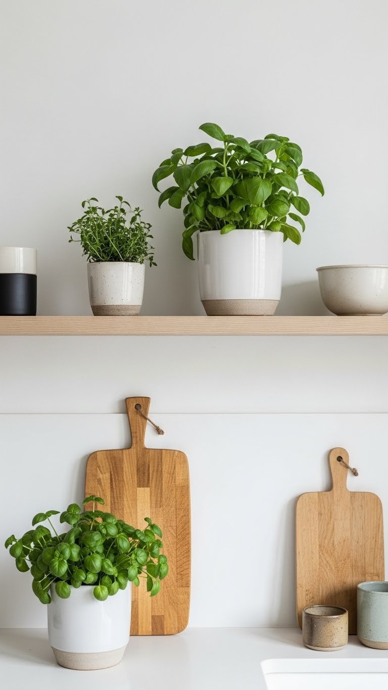 Scandi kitchen decor with greenery in minimalist pots, handmade pottery, and functional artistic elements