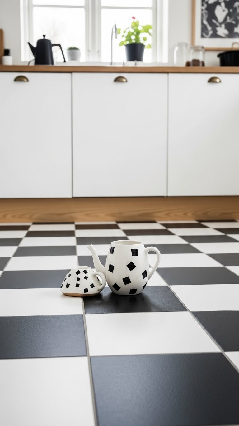 Scandi kitchen floor with black and white checkerboard pattern tiles in graphic modern kitchen design