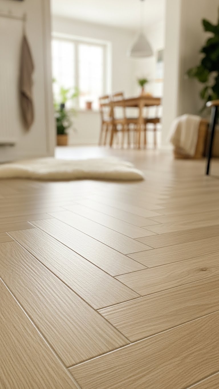 Scandi kitchen floor with light wood-effect porcelain planks in herringbone pattern with warm golden hour lighting
