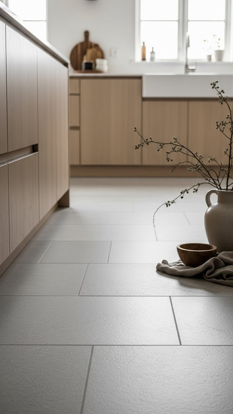 Scandi kitchen floor with natural stone tiles featuring muted limestone texture and organic veining