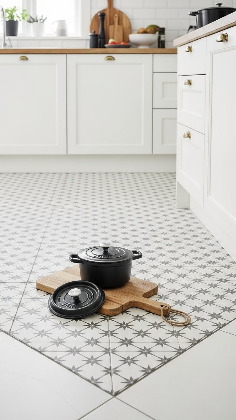 Scandi kitchen floor with subtle patterned geometric tiles in monochromatic design with soft illumination