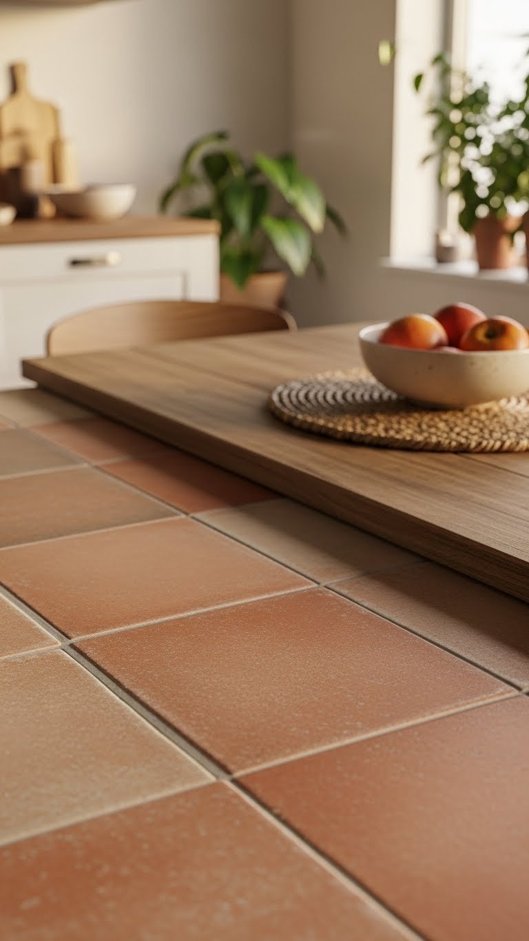 Scandi kitchen floor with terracotta-inspired porcelain tiles in warm earthy tones with rustic wood elements