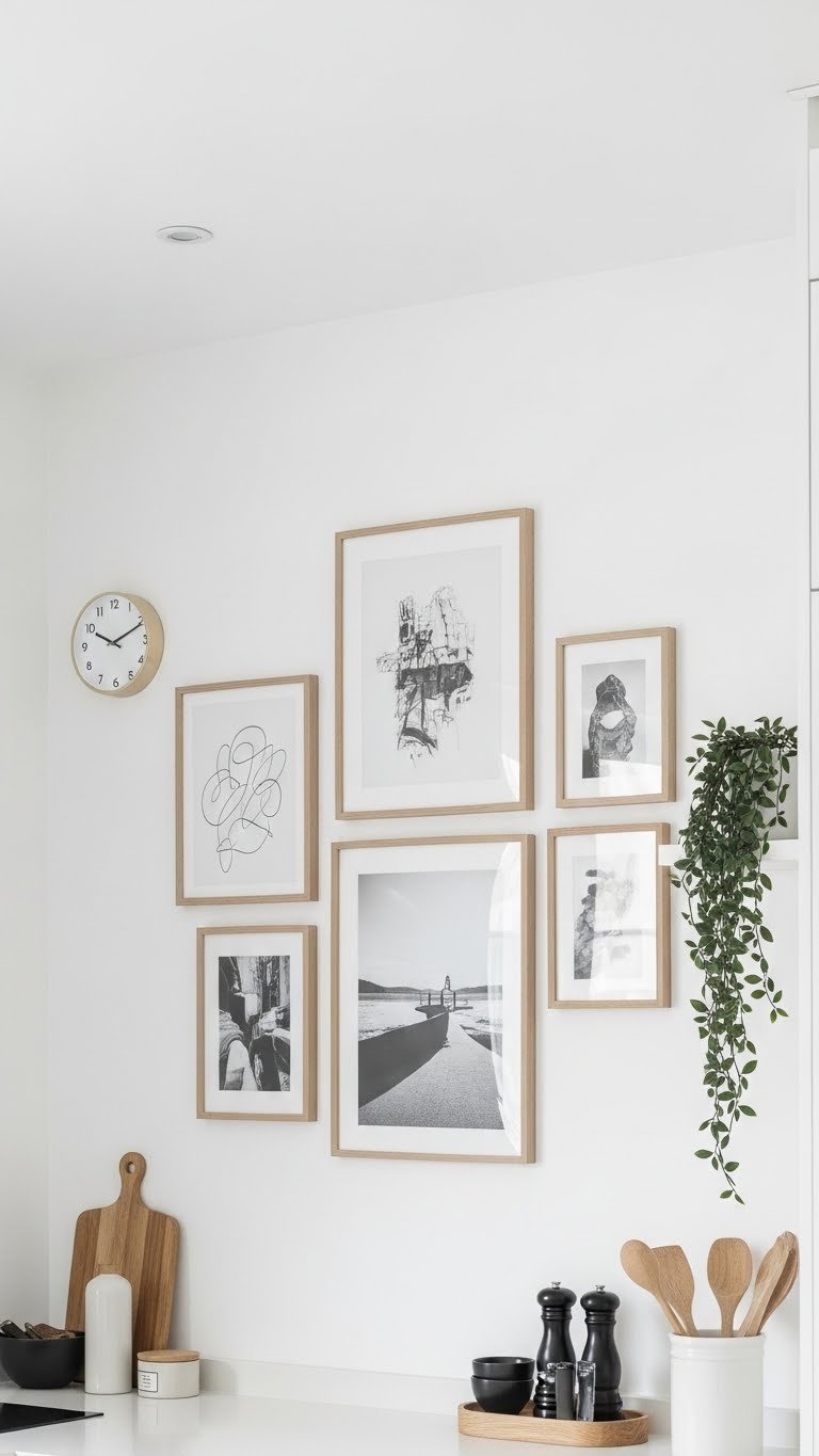 Scandi kitchen gallery wall featuring minimalist art prints in light wood frames